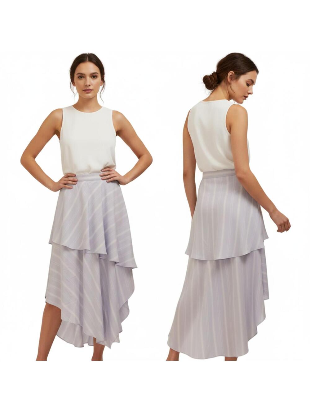 BCBGMaxAzria White Stripe Asymmetrical Wrap Midi Skirt